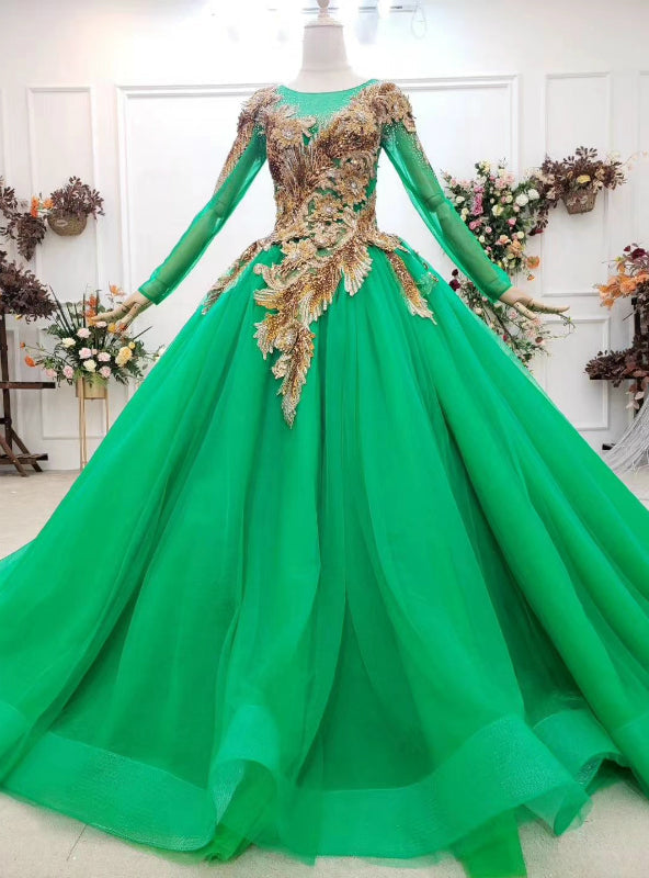 100% Custom Made Green Ball Gown Tulle Sequins Appliques Long Sleeve Wedding Dress