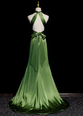 Green Soft Satin Halter Long Evening Dress Party Dress, Green A-line Prom Dress