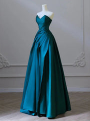 Simple Blue Satin Strapless Prom Dress