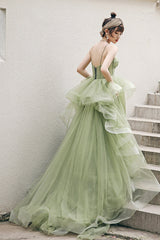 Green Tulle Long A-Line Evening Dress, Green Spaghetti Straps Prom Dress