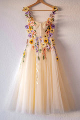 3D Flowers Champagne Tulle Short Prom Dress, Homecoming Dresses Sweet 16 Dress