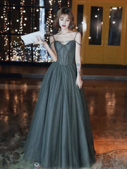 A-Line Prom Dresses Open Back Dress Formal Wedding Party Floor Length Sleeveless Spaghetti Strap Tulle with Pleats