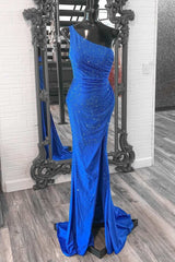 Blue Beaded One-Shoulder Ruched Long Formal Dress with Slit