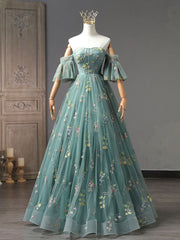 A-Line Green Tulle Lace Long Prom Dresses, Green Formal Evening Dress