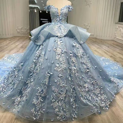 Blue Off Shoulder Ball Gown Prom Dress Sweet 16th Dress