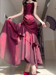 Wine Red Satin Long Straps Prom Dress Wine Red A-line Party Dress