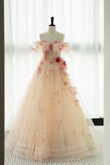 A Line Off the Shoulder Prom Dress with Flowers, Charming Tulle Party Gown