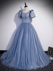 Ball Gown Dusty Blue Prom Dress with Bubble Sleeves