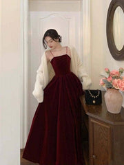 A-line Straps Wine Red Velvet Long Formal Dress, Wine Red Prom Dress