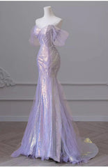 Purple Sweetheart Sequin Beaded Mermaid Long Prom Dress,Purple Tulle Train Prom Gown