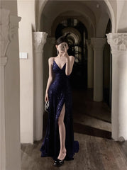 Navy Blue Spaghetti Strap A-Line V-Neck Sequined Long Prom Dress, Adult Ceremony Graduation Evening dress