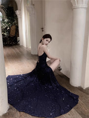 Navy Blue Spaghetti Strap A-Line V-Neck Sequined Long Prom Dress, Adult Ceremony Graduation Evening dress