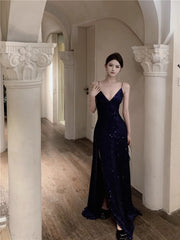 Navy Blue Spaghetti Strap A-Line V-Neck Sequined Long Prom Dress, Adult Ceremony Graduation Evening dress