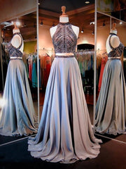 Gray Two Piece Long Prom Dress with Sparkly Beading