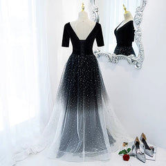 Half Sleeves Gradient Black Prom Dress