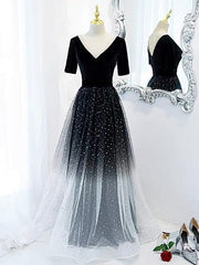 Half Sleeves Gradient Black Prom Dress