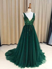 Hunter Green V-neck Long Formal Tulle Low Back Prom Dress