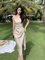 Champagne Spaghetti Strap Cowl Neck Plain Ruched Satin Slit Midi Sheath Dress