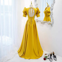 Open Back Yellow Prom Dress with Sleeves