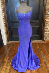 Mermaid Purple Satin Sequins Long Prom Dress With Side Slit