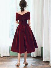 Beautiful Wine Red Velvet Tea Length Party Dress, Bridesmaid Dress