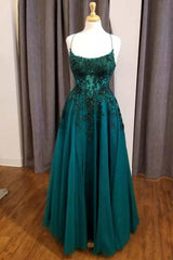 Simple Hunter Green Floral Lace Scoop Neck A-Line Prom Dresses