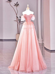 Fairy A line Strapless Tulle Long Pink Prom Dress