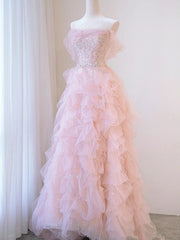 A line Off The Shoulder Tulle Pink Tiered Prom Dresses Evening Dress