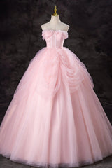 Pink Tulle Gorgeous Strapless Long Prom Dresses, Long Pink Formal Evening Dresses, Pink Ball Gown