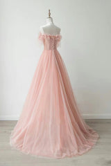 Pink Tulle Strapless Lace Long Prom Dresses, Pink Lace Formal Dresses, Long Pink Evening Dresses