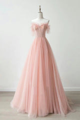 Pink Tulle Strapless Lace Long Prom Dresses, Pink Lace Formal Dresses, Long Pink Evening Dresses