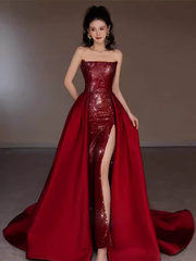 Sexy Mermaid Strapless Sleeveless Party Dress Red Long Prom Dress