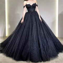 Black Prom Dresses Ball Gown Tulle Elegant Sleeveless Heart Shaped Neck Shiny Sequins