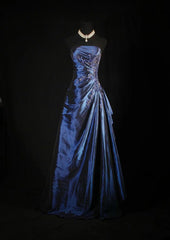 Vintage Ball Gown Strapless Navy Blue Satin Long Prom Dresses Party Dress