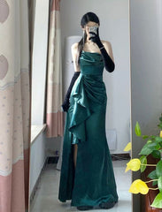 Pretty Sheath Strapless Floor Length Ruffles Slit Green Satin Prom Dresses