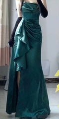 Pretty Sheath Strapless Floor Length Ruffles Slit Green Satin Prom Dresses