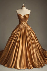 Retro Ball Gown Sweetheart Satin Gold Party Dress Prom Dresses Evening Dress