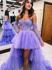 A-Line Asymmetrical Strapless Tiered Tulle Prom Dress