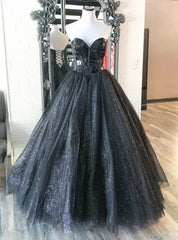 A-Line Black Tulle Sequins Strapless Prom Dress