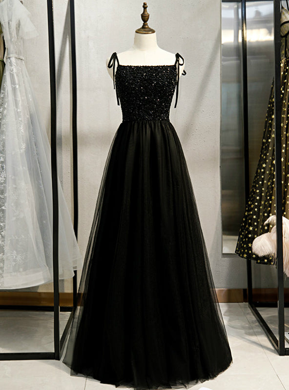 A-Line Black Tulle Spaghetti Straps Tulle Beading Prom Dress