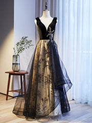 A-Line Black Tulle Velvet Sequins Prom Dress