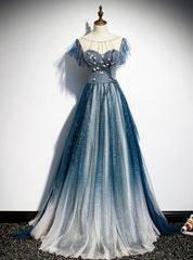 A-Line Blue Tulle Beading Backless Prom Dress