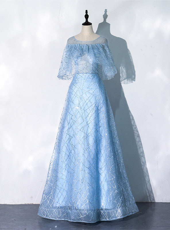 A-Line Blue Tulle Sequins Bat Sleeve Prom Dress