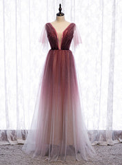 A-Line Burgundy Tulle Deep V-neck Pleats Prom Dress