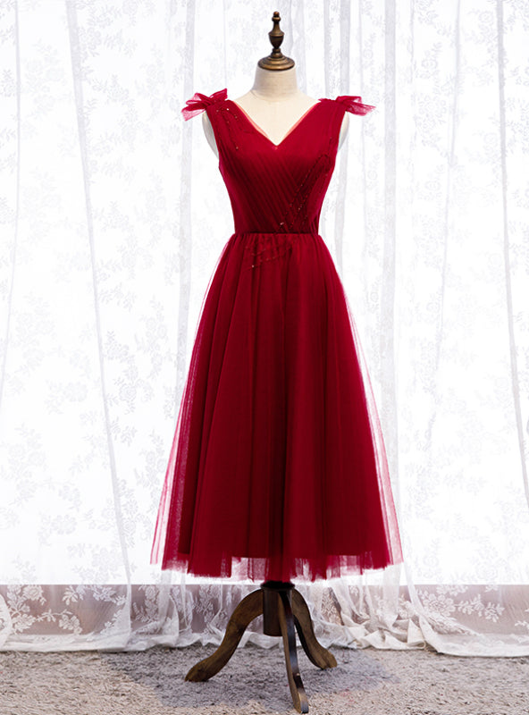 A-line Burgundy Tulle V-neck Pleats Beading Tea Length Prom Dress