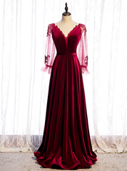 A-Line Burgundy Velvet Long Sleeve V-neck Prom Dress