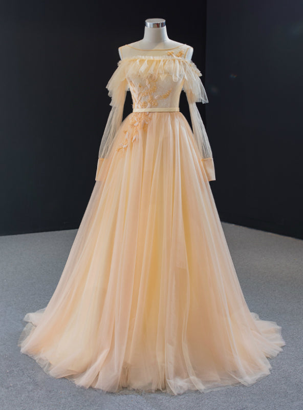 A-Line Champagne Tulle Long Sleeve Backless Prom Dress