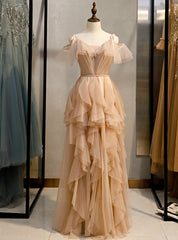 A-Line Champagne Tulle V-neck Pleats Prom Dress