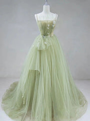 A Line Corset Back Sage Green Tulle Long Dresses