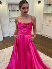 A Line Cowl Neck Satin Prom Dress With Slit